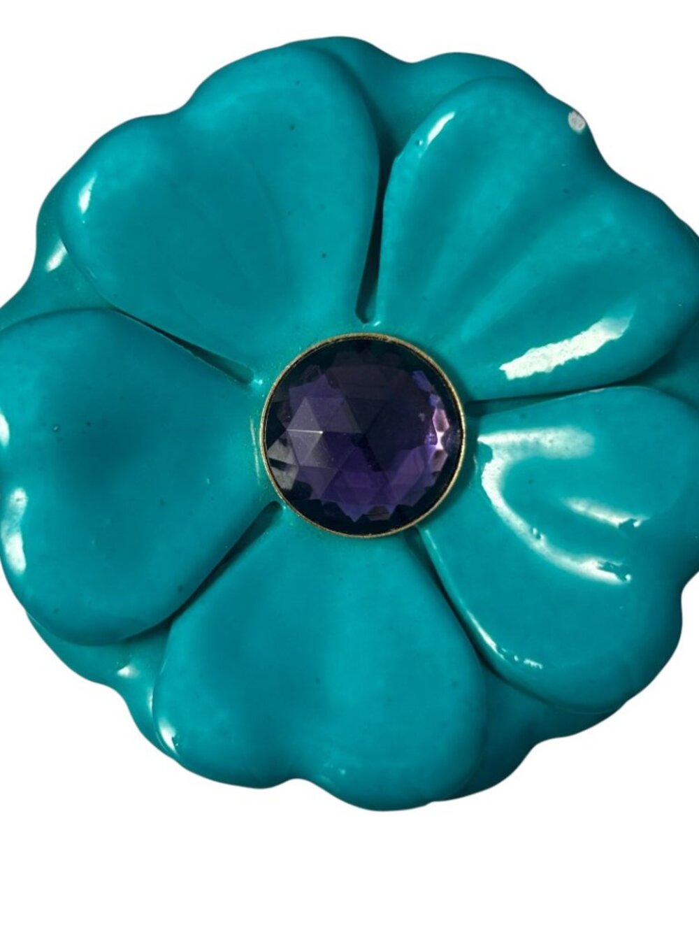 Turquoise Blue Enamel Flower Brooch Purple Faceted Center Large Statement Pin